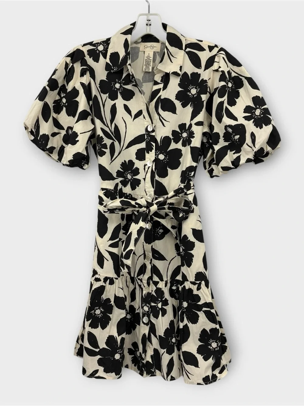 Jessica Simpson Floral Puff Sleeve Shirt Dress in Black and Cream Women’s Size S - Picture 2 of 6